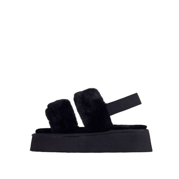 Luxemoda Tata Fluffy Stripe Platform Slip On Open Toe Faux Fur Slippers