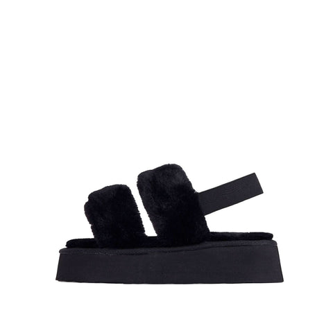 Luxemoda Tata Fluffy Stripe Platform Slip On Open Toe Faux Fur Slippers