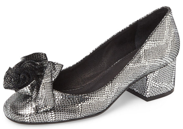 Cecelia New York Lilly Pump Metallic Leather Flower Low Block Heel Pumps