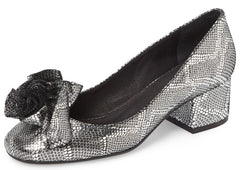 Cecelia New York Lilly Pump Metallic Leather Flower Low Block Heel Pumps