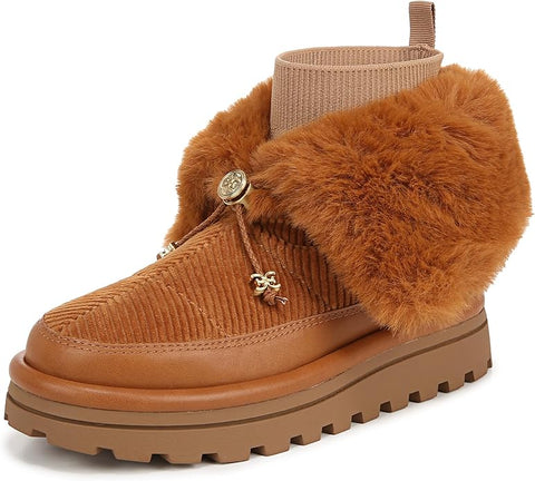 Sam Edelman Olin Brown Fabric Sock Fur Pull On Platform Snow Bootie Ankle Boots