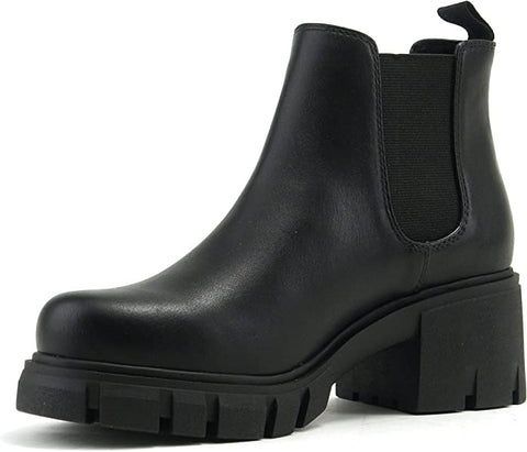 Soda Pioneer Black Lug Sole Mid Heel Gore Chelsea Fashion Ankle Elastic Booties