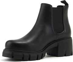 Soda Pioneer Black Lug Sole Mid Heel Gore Chelsea Fashion Ankle Elastic Booties