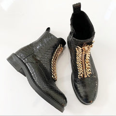 Jeffrey Campbell DAMON-Z Black Snake Gold Chain Combat Ankle Boots Dress Bootie