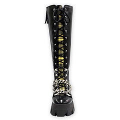 Circus NY Abrina Black Multi Riding Chunky Lace Up Platform Moto Buckle Boots