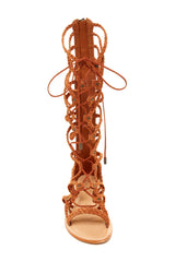 Schutz Krista Caramel Brown Leather Tie Lace Up Braided Gladiator Flat Sandals