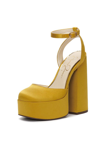 Jessica Simpson Skilla Yellow Mustard Satin Platform Pump Buckle Strap Block Heel