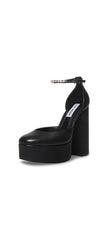 Steve Madden Bangle Black Leather Ankle Strap Super High Platform Pump Sandals