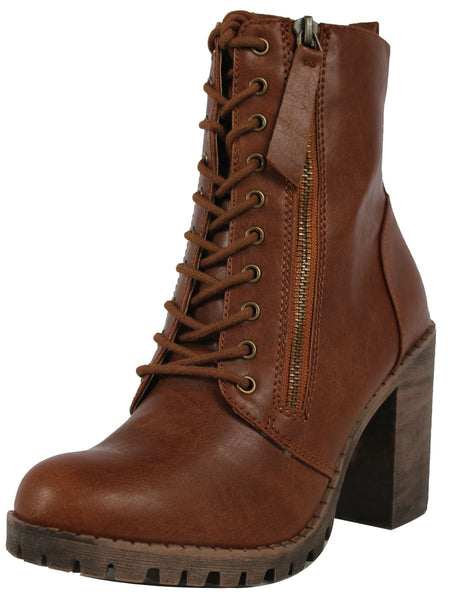 Soda Women's Malia Block Heel Lace Up Lug Sole Combat Boot