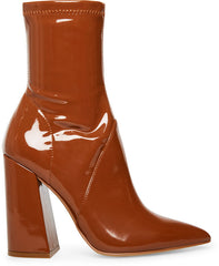 Steve Madden Slade Cognac Patent Pointed Toe HIgh Block Heel Fitted Booties