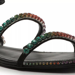 Schutz Loule Flat Black Crystals Details Ankle Strap Open Toe Flat Sandals