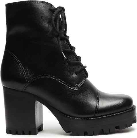 Schutz Jeannie Black Leather Combat Lug Sole Lace Up Block Heel Ankle Boots