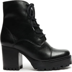 Schutz Jeannie Black Leather Combat Lug Sole Lace Up Block Heel Ankle Boots