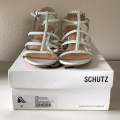 Schutz Clarcie Gladiator-style Leather Sandals Pearl White Block Heel Pumps