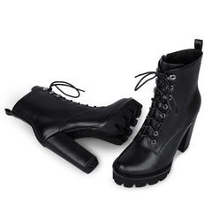 wetkiss Platform Boots for Women, Heeled Combat Boots Chunky Heel Booties Round Toe Lace Up High Heel Ankle Boots