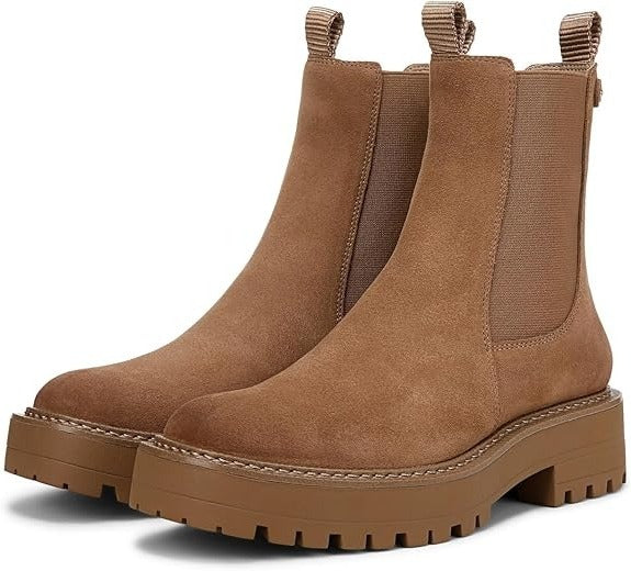 Sam Edelman Laguna Almond Taupe Leather Chelsea Moto Rounded Toe Pull On Boots