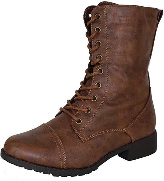 Forever Link Jalen-88 Brown Military Low Heel Fashion Lace Up Combat Boots