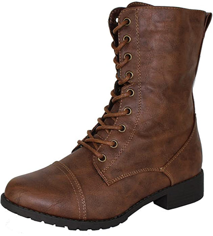Forever Link Jalen-88 Brown Military Low Heel Fashion Lace Up Combat Boots