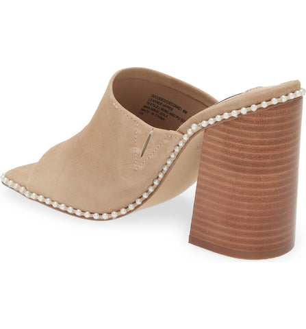 Steve Madden Decoded Tan Suede Pearl Open Toe Block Heeled Mule Slip On Sandals