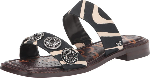 Sam Edelman Hera Black/Natural Slip On Open Toe Embellished Flat Slides Sandals