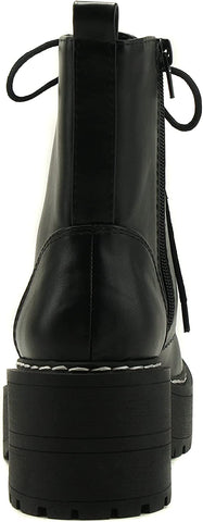 Soda Fling Black Pu Lace Up Chunky Lug Sole Rounded Toe Wide Combat Ankle Boots