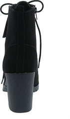 SODA Malia Black Nubuck Round Toe Stacked Lug Heel Lace Up Ankle Combat Booties