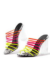 Cape Robbin Fia Neon Multi Strappy Open Toe Chunky Clear Heel Mule Pumps Sandals