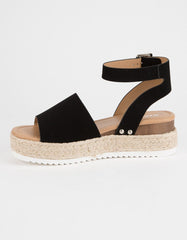 Soda Topic Open Toe Buckle Ankle Strap Espadrilles Flatform Wedge Casual Sandal (10, Black)