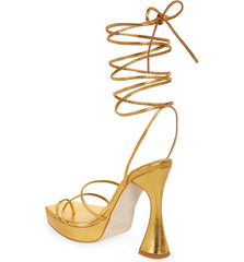 Jeffery Campbell Prima Donna Platform Sandal Gold Metallic Tie Up High Block Heel