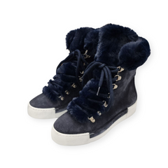 Cecelia New York Seymore Navy Suede Platform Sneakers Fur Lace Up Fashion Boots