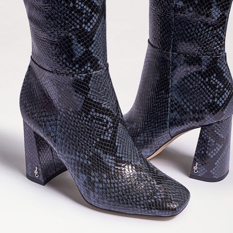 Sam Edelman Clarem Dark Blue Snake Zip Block Heel Almond Toe Knee High Boots