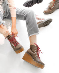 Cecelia New York Helga Natural Brown Hiker Lace up Wedge Platform Ankle Booties
