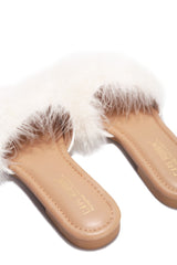 Cape Robbin Sandals-1 White Fur Slip On Feathers Flat Slide Mule Sandals