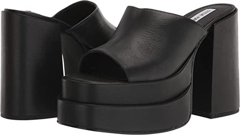 Steve Madden Cagey Black Leather Open Toe Slip On High Platform Retro Sandal