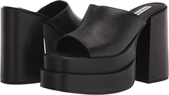 Steve Madden Cagey Black Leather Open Toe Slip On High Platform Retro Sandal