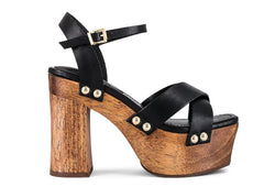 Schutz Gaylah Black Fashion Ankle Strap Open Toe Wood Platform Heeled Sandals