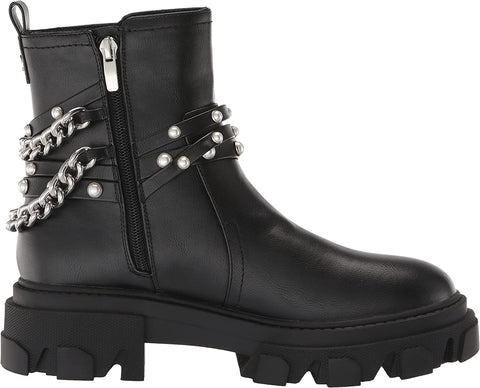 Nine West Cearlz3 Black Leather Zip Closure Chain Detailed Leather Ankle Boots