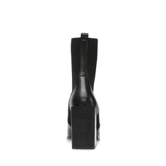 Steve Madden Tackle Black Leather Pull-On Asymmetrical Stacked Heeled Boot