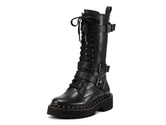 Vince Camuto Meterla Black Lace Up Mid Calf Toe Embellished Detail Combat Boot