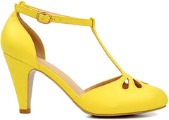 Chase & Chloe Kimmy-36 Teardrop T-Strap Mid Heel Pumps Yellow Pu