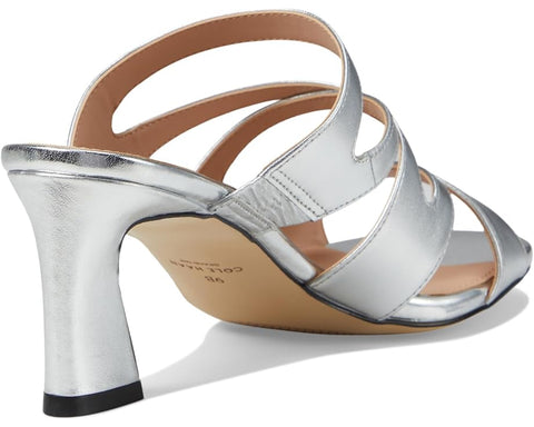 Cole Haan Alyse Silver Specchio Leather Open Toe Slip On Block Heeled Sandals