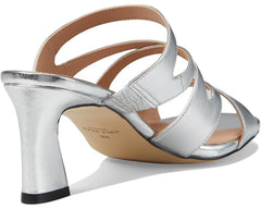 Cole Haan Alyse Silver Specchio Leather Open Toe Slip On Block Heeled Sandals