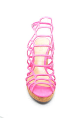 Schutz Womens Pink Cork Platform Wedge Caged Open Toe Heeled Sandal