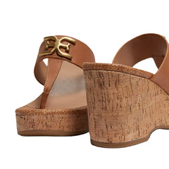 Sam Edelman Yardlie Cuoio Brown Wedge Heel Leather Strap Slip On Heeled Sandals