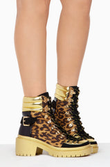 Cape Robbin Summit Leopard Gold Combat Bootie Lug Sole Lace Up Platform Ankle Boot