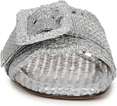 Sam Edelman Bambi Soft Silver Buckle Detailed Open Toe Slip On Flat Sandals