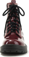 Soda Firm Burgundy Patent Lace Up Round Toe Chunky Combat Ankle Wide Boots