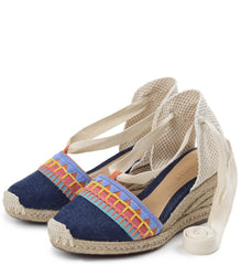 Schutz Bess Blue Denim Tie Up Wedge Platform Pump Espadrille Summer Pump Sandals