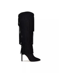 Nine West Tasels Black Pointed Toe Stiletto Heel Fringe Western Knee High Boots