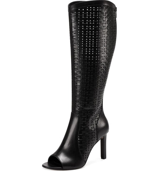 Vince Camuto Shelrica Black Open Peep Toe Woven Shaft Knee High Open Toe Boot